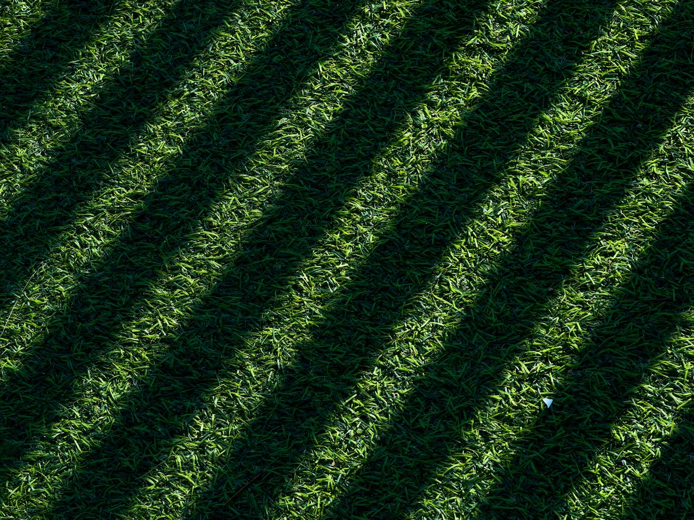 Diagonal mowing pattern on a small front-yard turf strip in the West Valley.