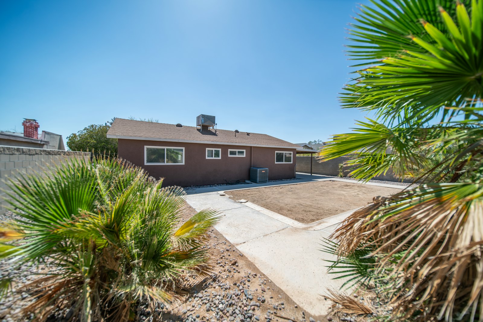 Front yard with mature queen palm, low desert plantings, and a clean granite border.